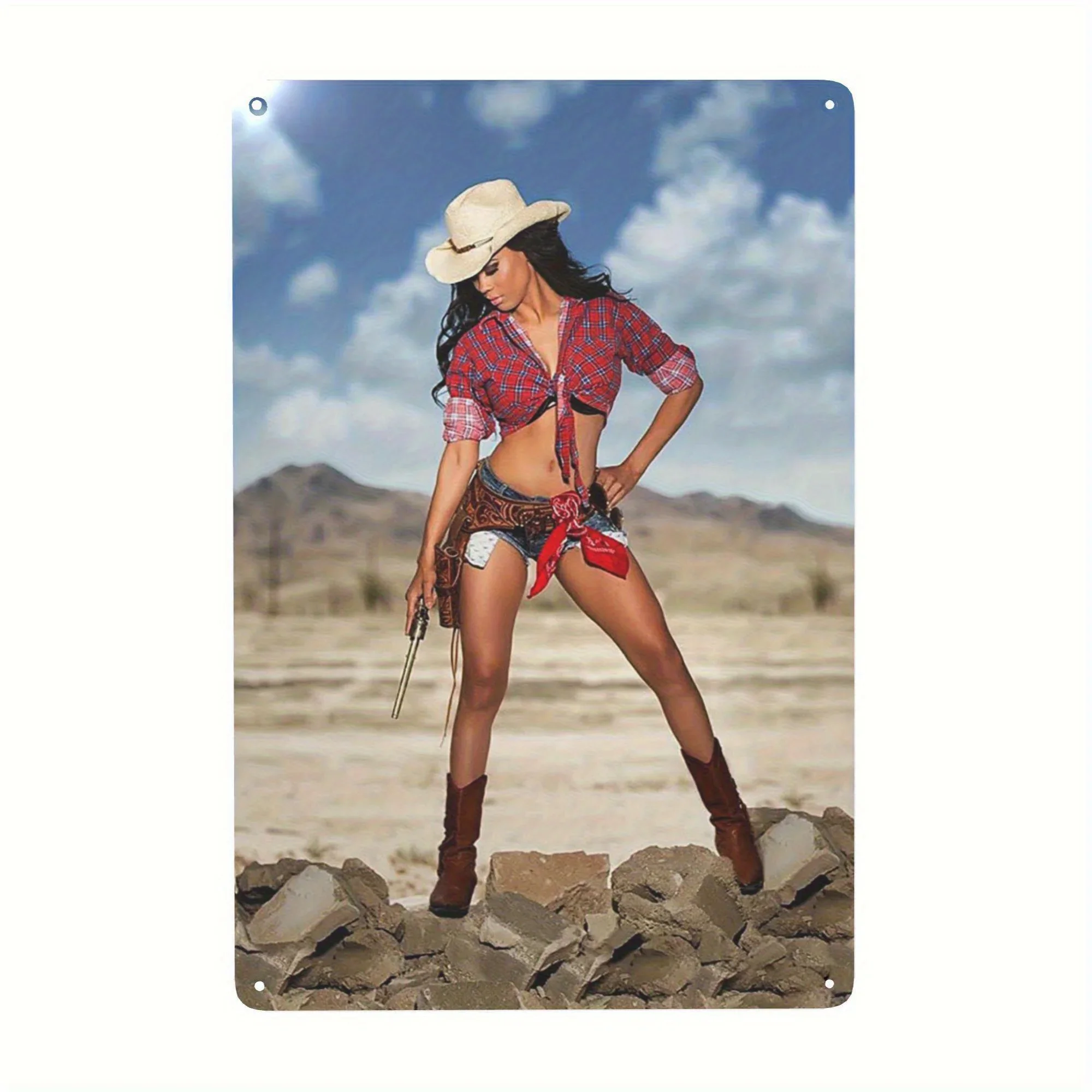 2D Metal Sign Western Cowgirl Wall Art - Heavy Iron Desert Landscape Decor with Cowboy Hat Woman Pattern for Living Room Offi