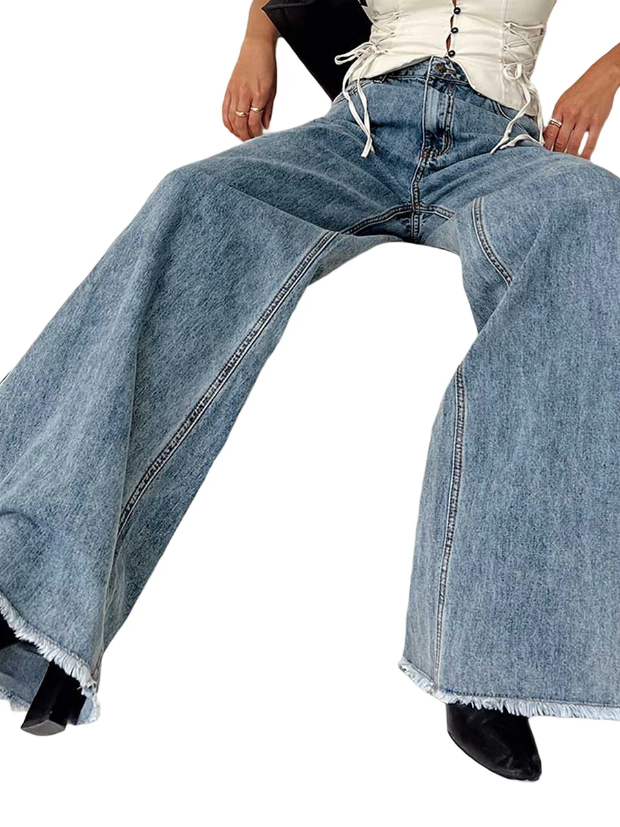 Jean Baggy à Jambes Larges pour Femme, Pantalon en Denim, Taille Haute, Décontracté, Streetwear ChimY2K avec Poches