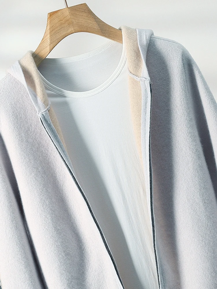 Aliselect Men's 100% Cashmere Hooded Sweater Thick Warm Zipper Cardigan Autumn Winter Cashmere Knitted Jacket Coat High Quality