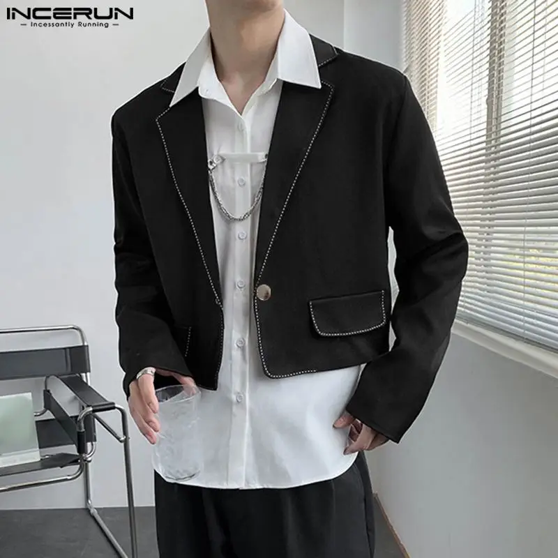 INCERUN 2023 Men\'s Blazer Patchwork Long Sleeve Lapel One Button Streetwear Crop Coats Autumn Fashion Male Casual Suits S-5XL