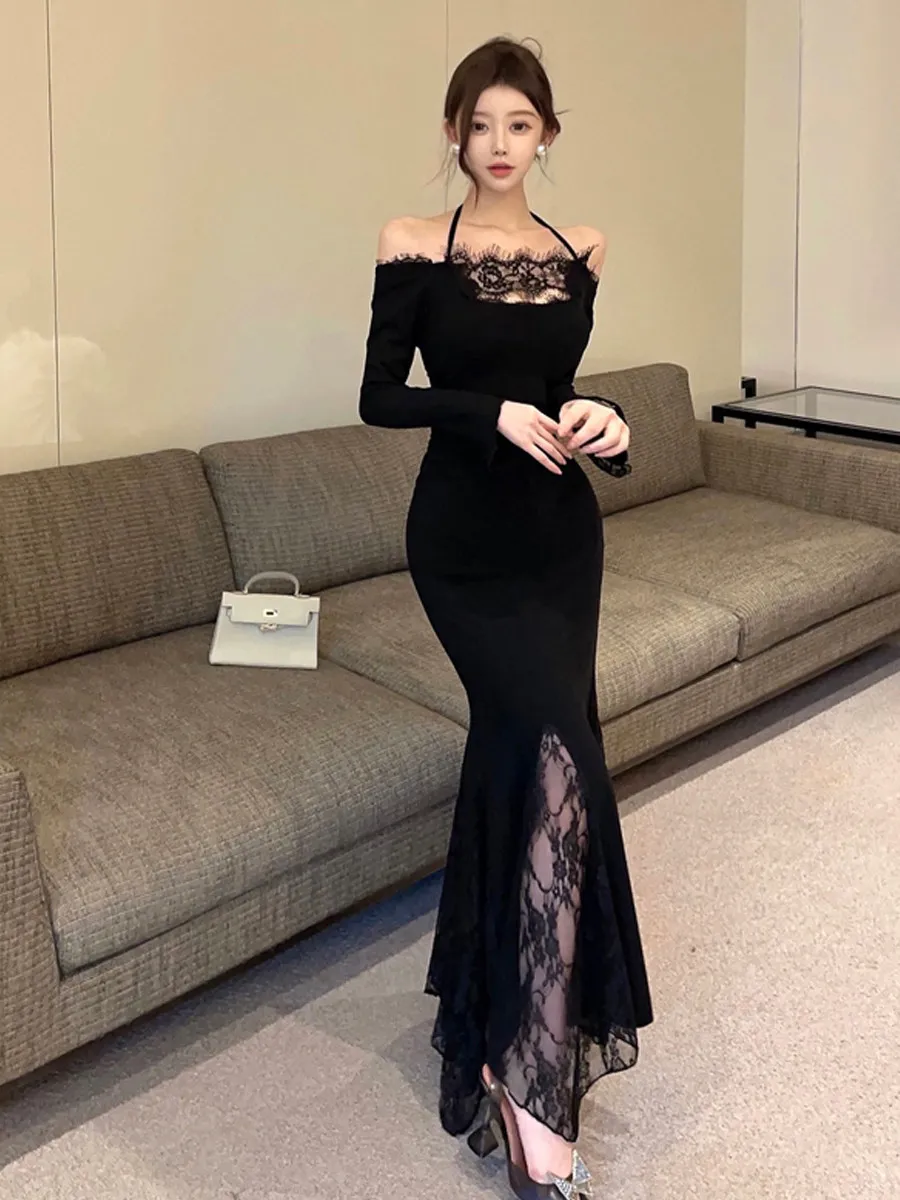 Luxury Black Sheer Pleated Cocktail Dress For Women Elegance Lace Paneled Cutout Formal Party Bodycon Gown Prom Vestidos Robe