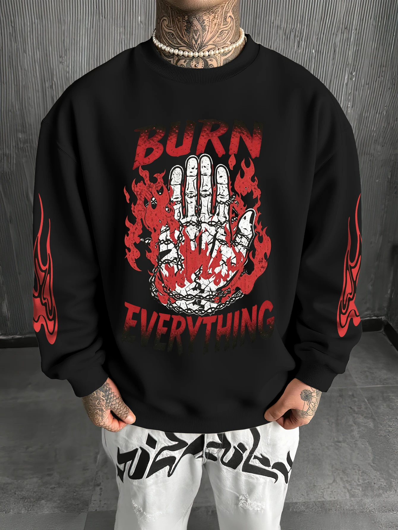 Men's Burn Everything Flame Skeleton Hand Front & Sleeve Print Crew Neck Sweatshirt Polyester S-2XL Loose Casual Streetwear Top