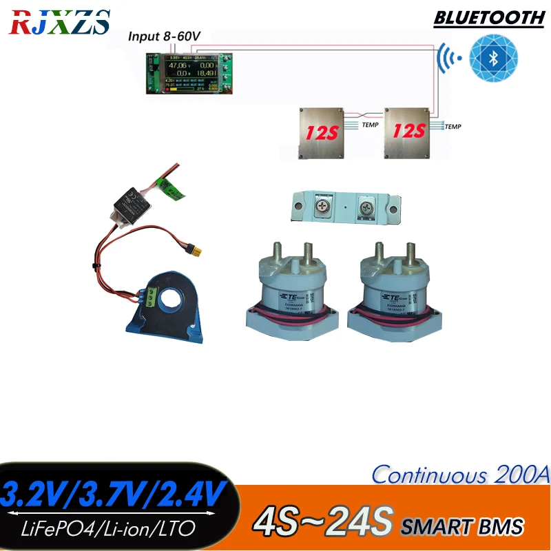 

4S-24S 200A /300A Smart YL DIY BMS LiFePO4 Li-ion LTO with Relayer Bluetooth-compatible APP Monitor Solar Power LCD Display