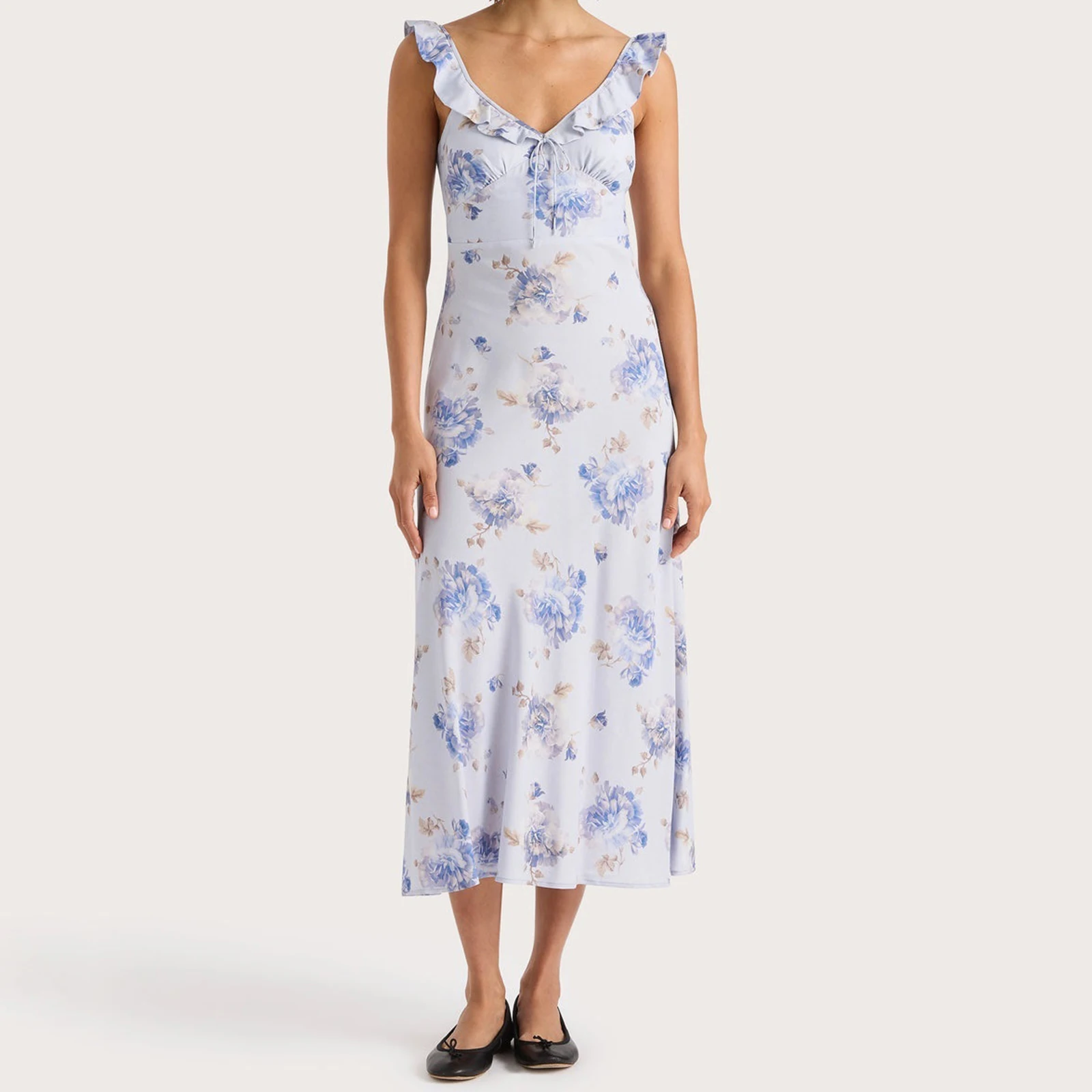 Combhasaki Abito estivo da donna senza maniche con volant e scollo a V, busto increspato legato, stampa floreale, senza schienale, smock, abito longuette a trapezio