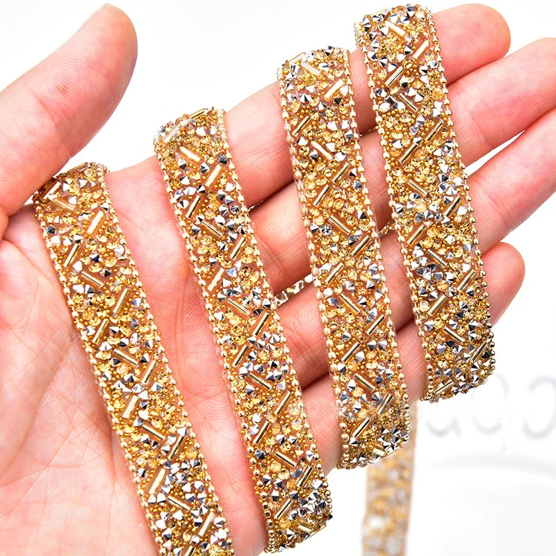 1yard Rhinestones Seed Beads Ribbon Glitter Crystal Tapes Glass Trimming for Clothing Bag Decorations Rhinestones Trim Crafts