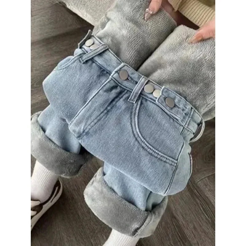 Outdoor Plush Lined Winter Straight Jeans Streetwears Warm Denim Pants Woman Wide Leg New Thick Jeansy Solid Color Hose Outdoor