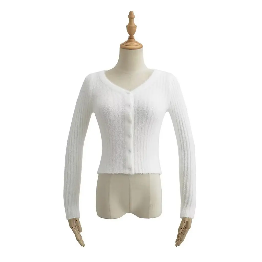 

YPFF Women's V-neck Cardigan European American Style Slim-fit Fluffy Knitted Solid Color Long-sleeved Top Fashionable Short