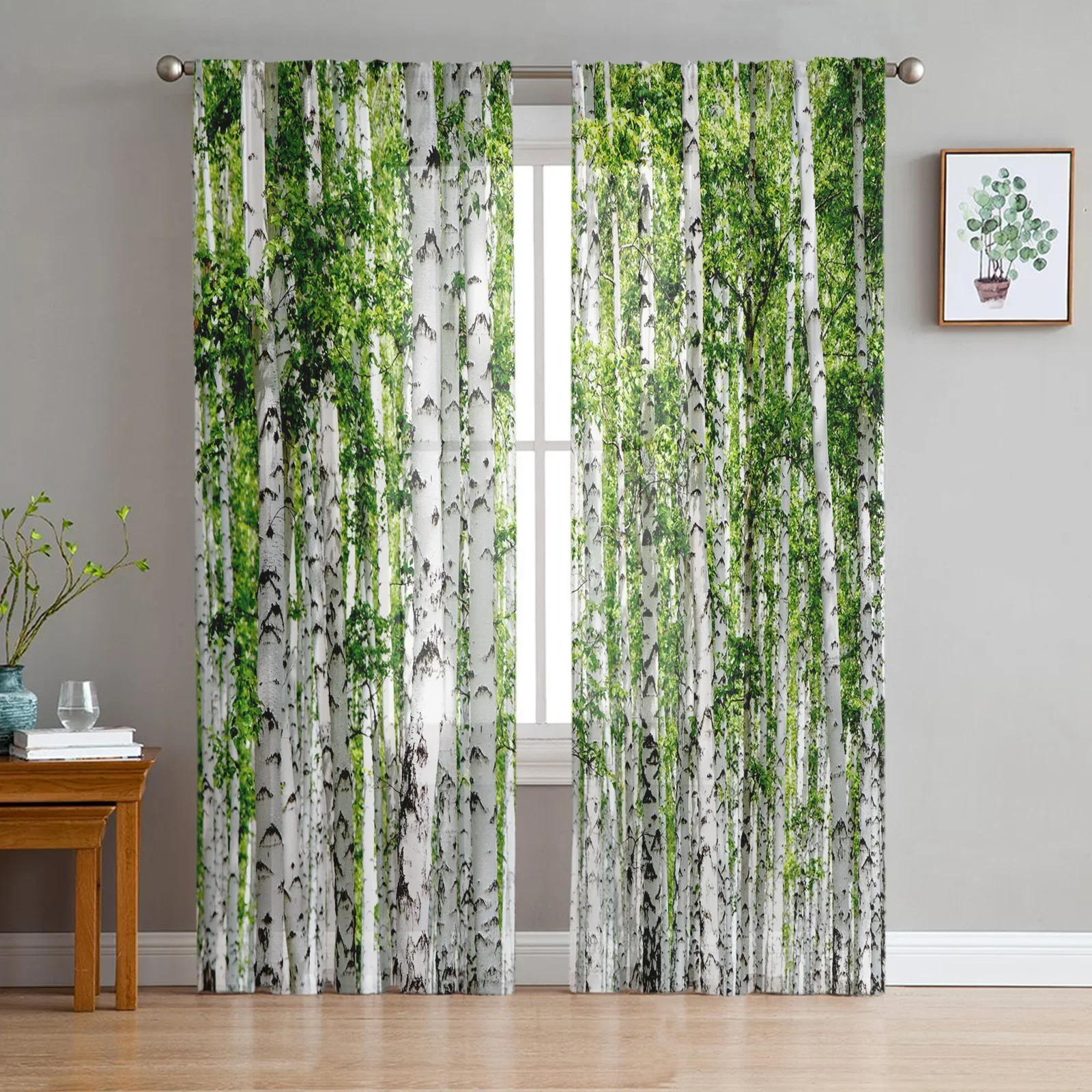 2pcs Birch Forest Nature Print Polyester Curtains, Rod Pocket Blackout Thermal Drapes for Bedroom Living Room