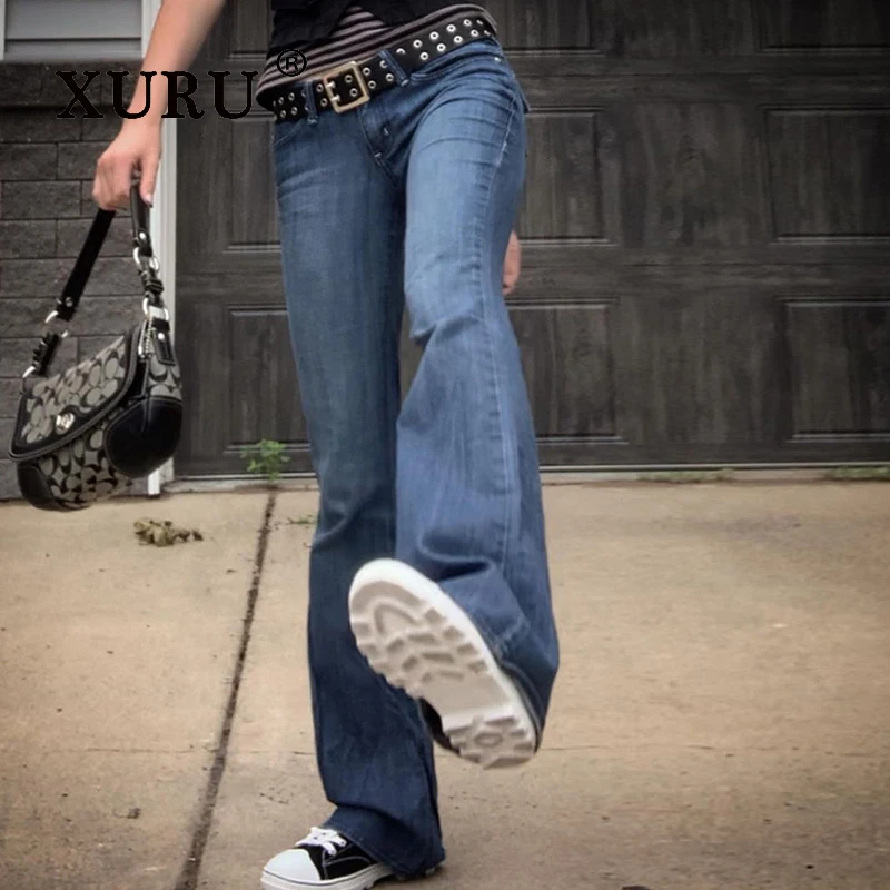 

XURU - New Women's Fashionable Slim Fit Jeans, Y2k Clothing Straight Leg Blue Long Jeans, Men's Pants