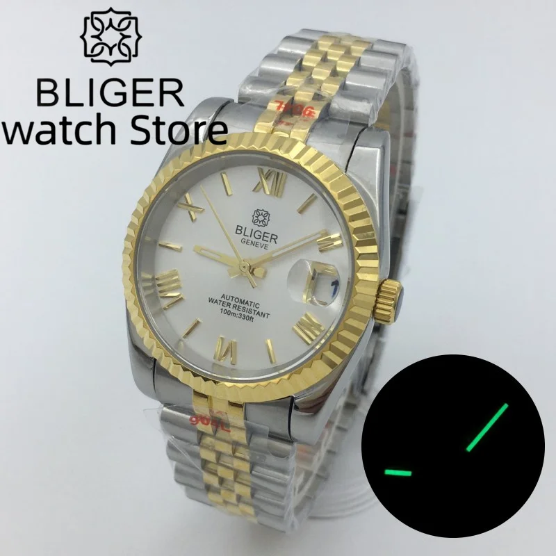 

BLIGER 36mm/39mm Log Style Japan NH35 Mechanical Watch For Men sapphire glass Roman Index dial Date display Silver gold bracelet