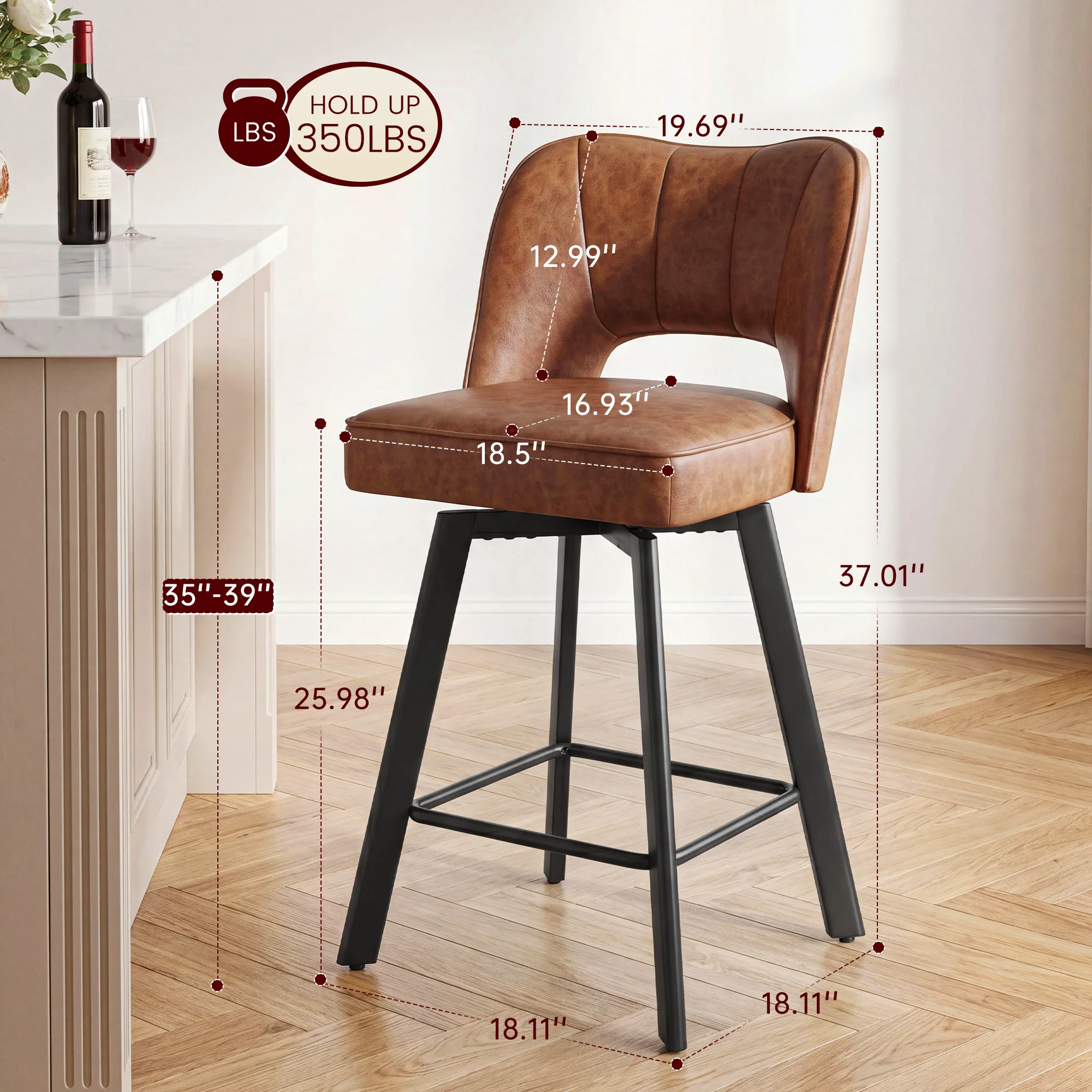 Set of 4 Bar Stools, Counter Height Bar Chairs with Curved Backrest & Footrest, Upholstered Modern Bar Stools for Kitchen Island, Black Metal Legs, Tan/Olive Green 5