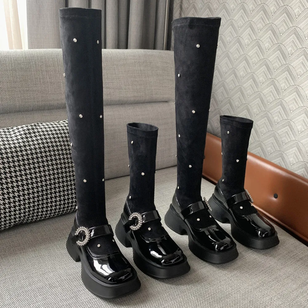 Fedonas spleißen Frauen über dem Knie Stiefel Mode Strass Plattformen Mitte der Wade Stiefel Herbst Winter schlanke enge Party hohe Stiefel