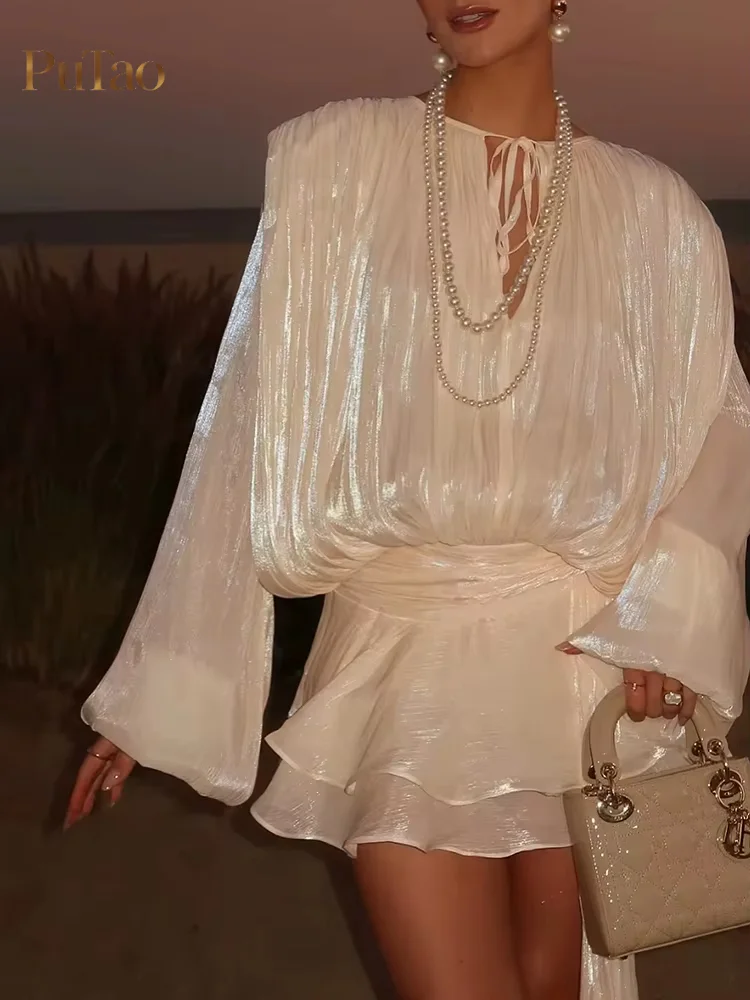 PuTao Night Out Two Piece Outfit Shiny Metallic Pleated Tie Neck Flare Long Sleeve Top Ruffle Mini Skirt Set For Cocktail
