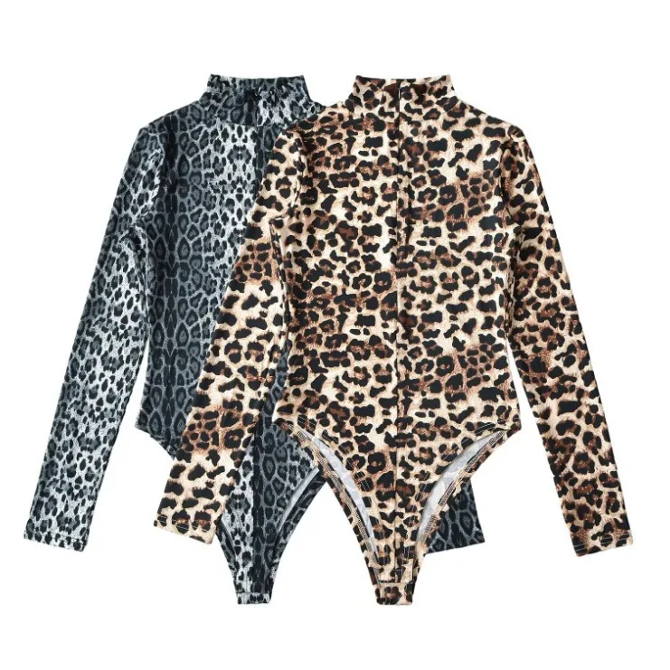 Women Zip Long Sleeve Leopard Print Jumpsuit Bodysuit