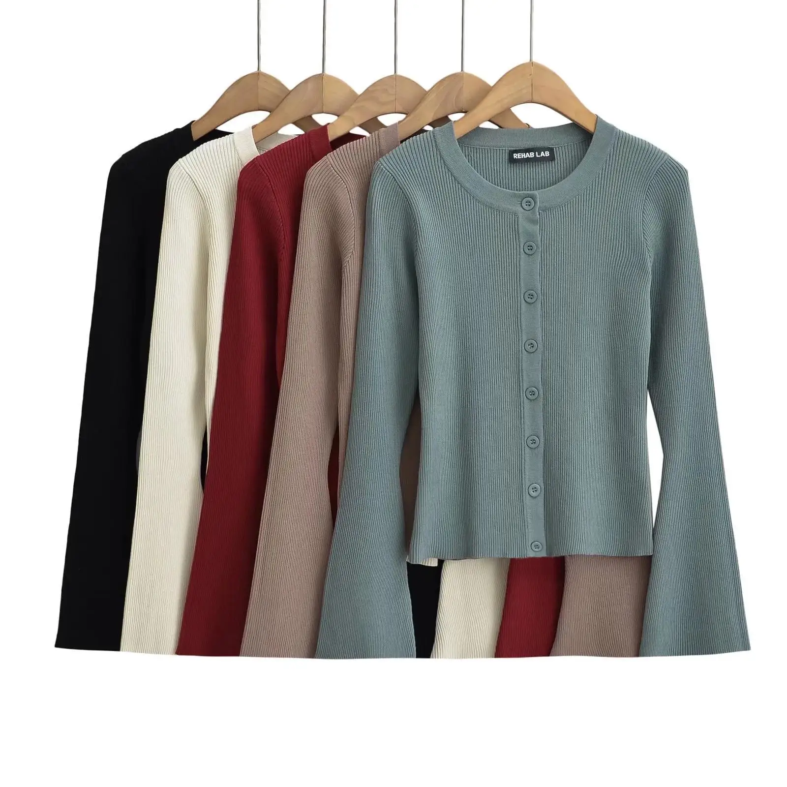 Women Flare Sleeve Knitted Cardigans Spring Autumn Long Sleeve Solid Color Sweaters