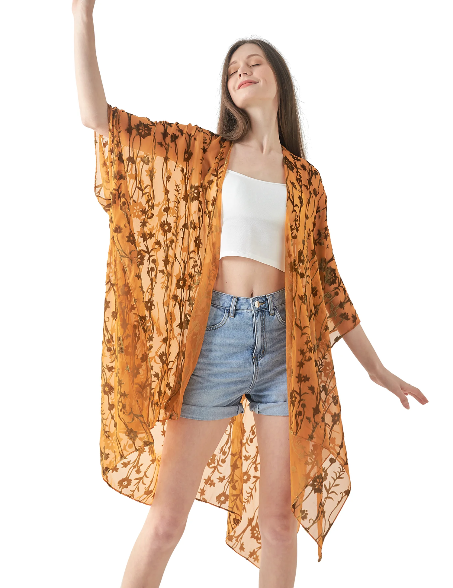 WeHello-Burnout Velvet Kimono for Women, Long Cardigan, Beach Cover Up without Tassel, Vacation Casual Shawl, Dropshipping