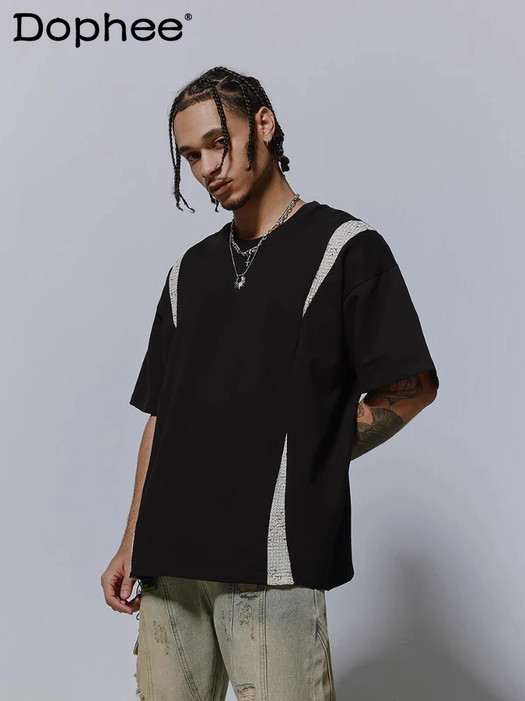 

American Style Snakeskin Pattern Splicing Design Contrast Color Tops Men's 2025 Summer Street Tees Loose Short-sleeve T-shirts