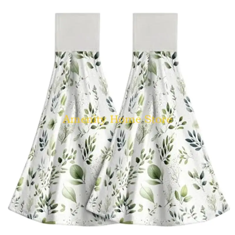 F26C Print Hanging Kitchen Towels Tie Hand Towel Set of 2 Soft Absorbent Quick Drying Decorative Dishclothes for Home