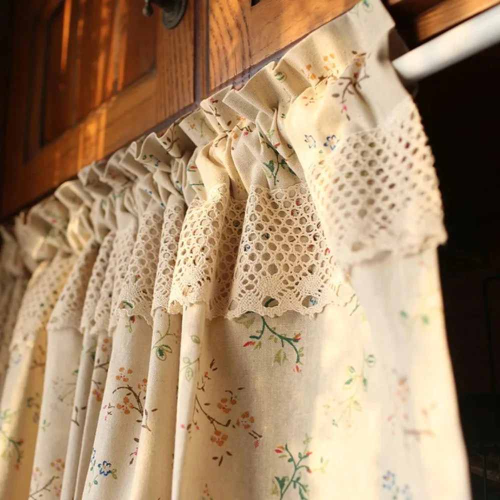 Korean Pastoral Style Linen Floral Short Curtains for Kitchen Linen Lace Half Curtain for Roman Window Door