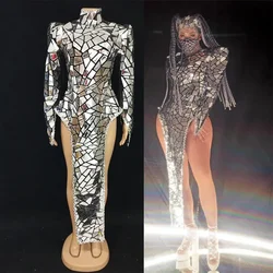 Silver Gold Laser Mirror Slit Dress Sexy Women Dancer Singer Performance Drag Queen Costume Nightclub Party Show Stage Wear