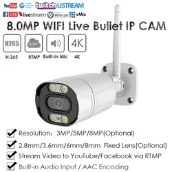 4K 8mp 무선 와이파이 IMX415 RTMP IP 카메라, 풀 컬러 IR 듀얼 라이트 라이브 스트리밍 푸시 비디오 유튜브 페이스 북 실내 실외