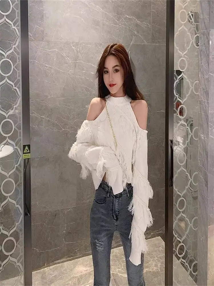 2026 Spring Women's Knitting Sweater Sexy Off Shoulder Halter Top Tassel Slim Fit Cropped Egirl Loose Knit Sweater