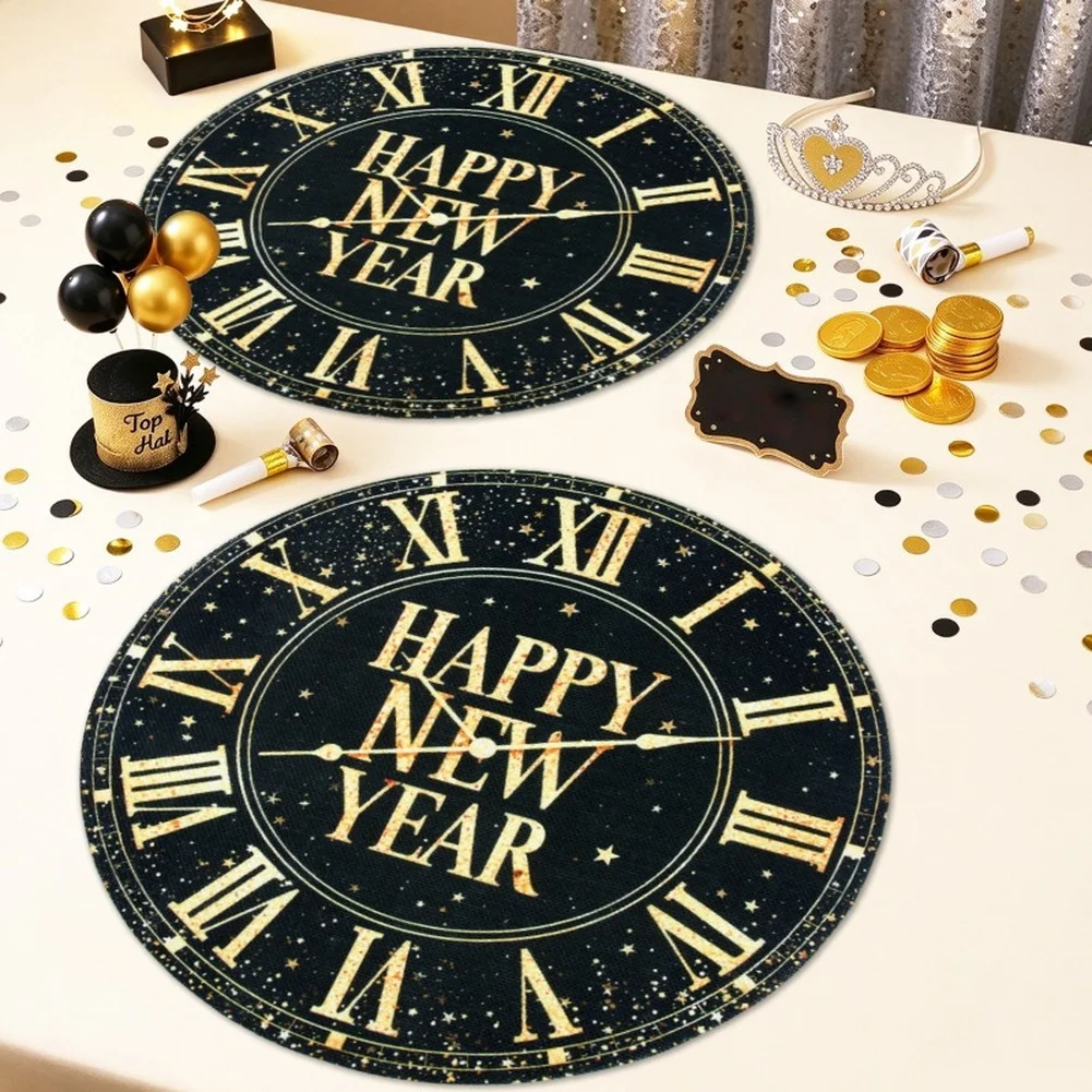 8Pcs Round Linen Christmas Placemats For Retro Santa Pattern Table Mats Heat Resistant Non Slip Xmas Holiday Dinner Party Decor