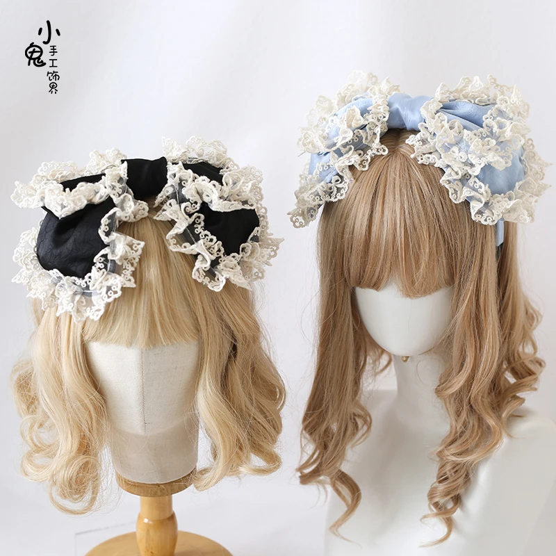 Big Bow Hairband Girls Lolita Lace Ruffled Headband Sweet Embroidery Anime Maid Cosplay Headdress