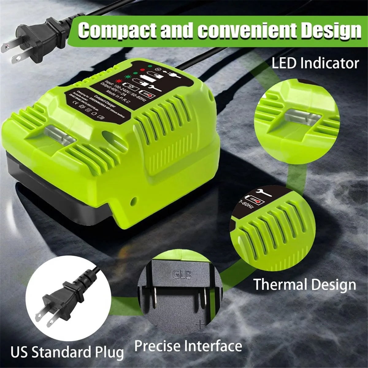 最新！ Greenworks 40V バッテリー MAX 40V バッテリー 29462、29472 および Greenworks その他の 40V バッテリー用ミニ充電器 US プラグ