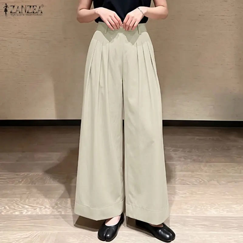 ZANZEA Autumn Women Pants High Waist Wide Leg Pants Pleated Casual Office Work Long Trousers Pockets Bottoms Streetwear Oversize