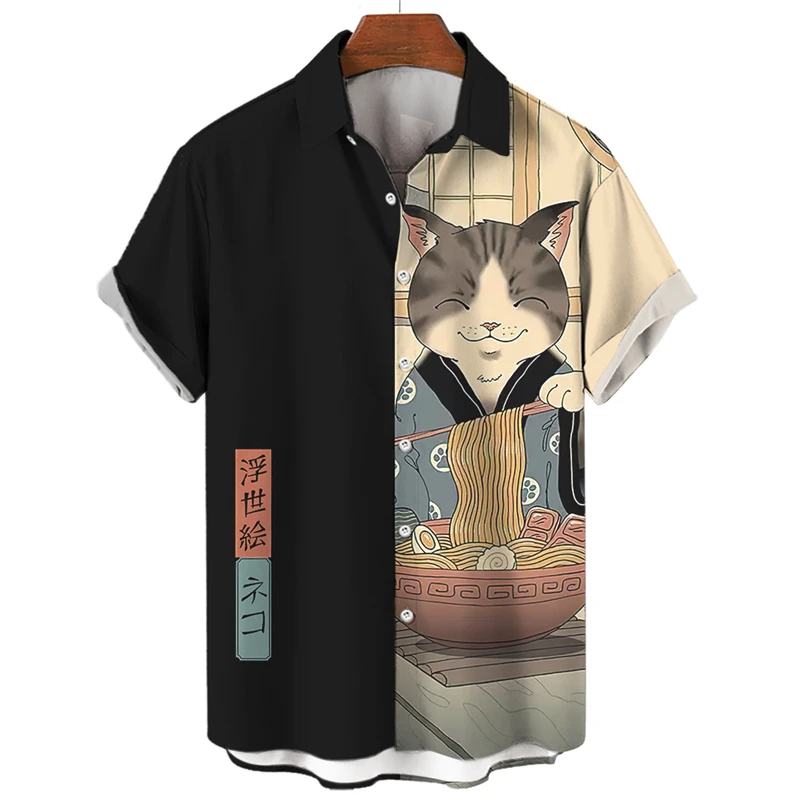 

Fashion Japanese Ukiyo E Cat Graphic Shirts For Men Trendy Summer Short Sleeve 3D Printed Shirt Loose Streetwear Harajuku Blouse