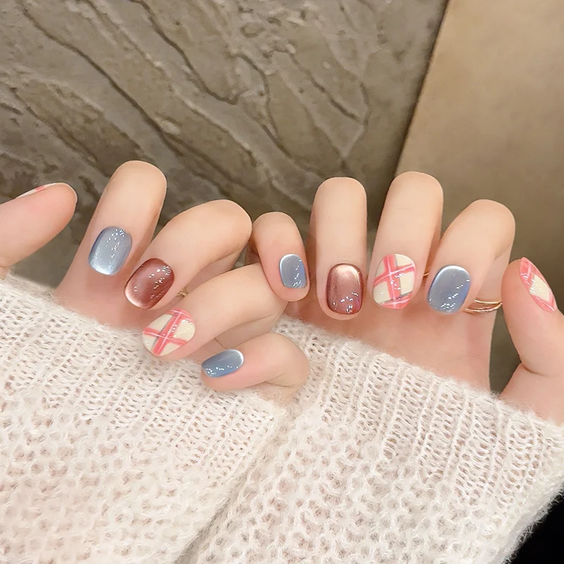 

10pcs Handmade Cute Short Oval False Nails Plaid Design Cat Eye Fake Nail Reusable Fake Nails Wearable Full Cover Nails Tips