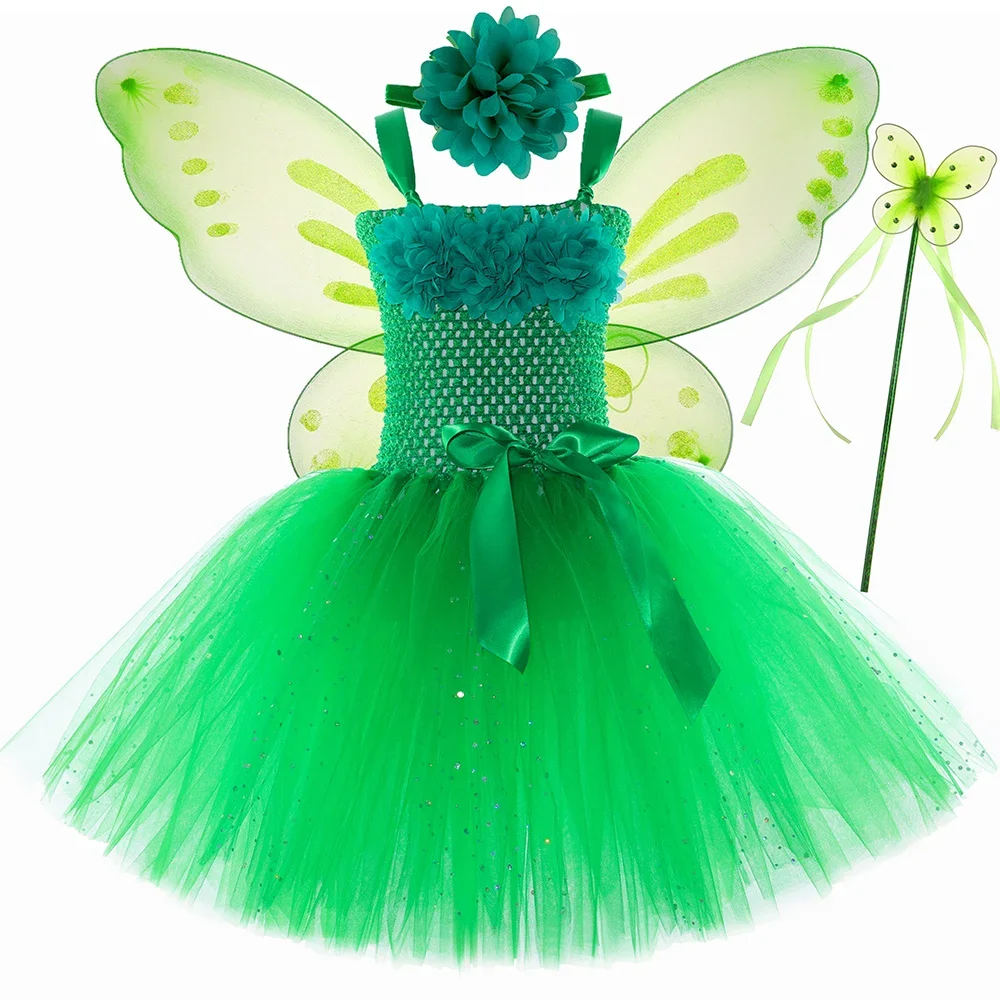 

Girls Green Fairy Tutu Dress Glitter Flower Fairy Costume for Girls Halloween Birthday Party Princess Dress Up with Wings