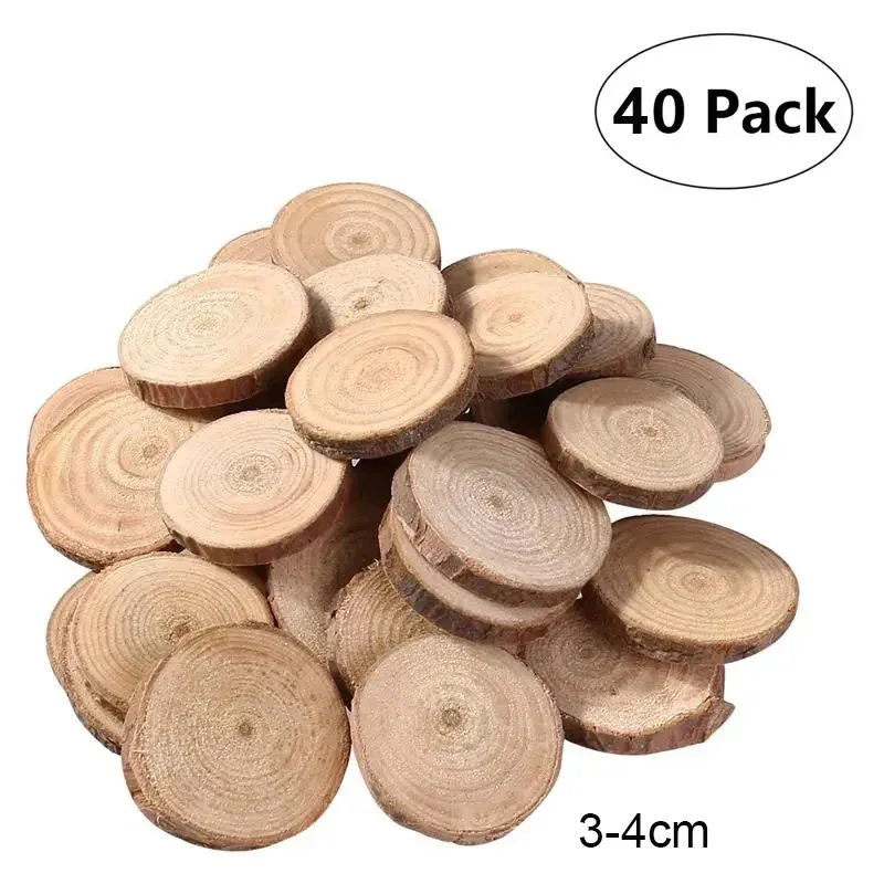 40Pcs 3-4cm Unfinished Predrilled Natural Wood Slices Circles for DIY Craft Woodburning Christmas Rustic Wedding Ornaments