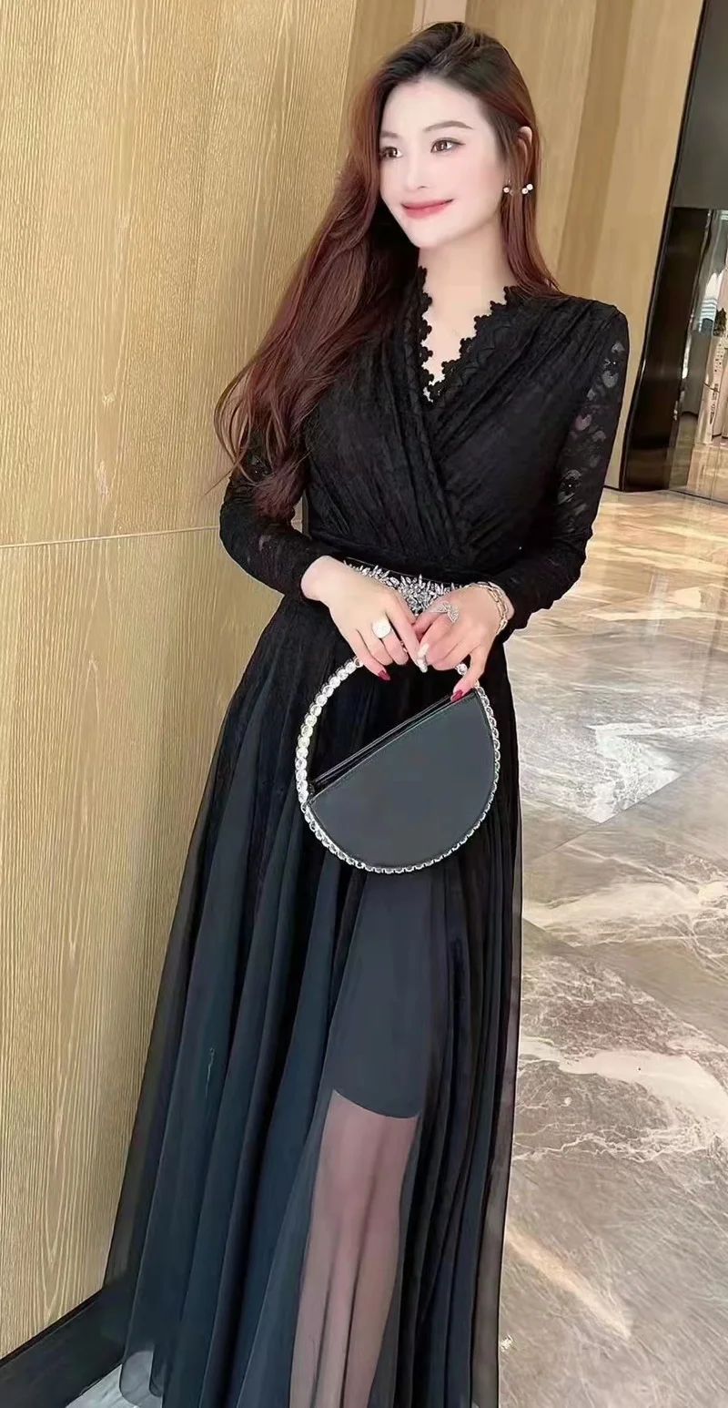 Top Quality New 2023 Spring Long Dress Evening Party Women scollo a v Lace Tulle Mesh Patchwork manica lunga Black Maxi Dress Luxury