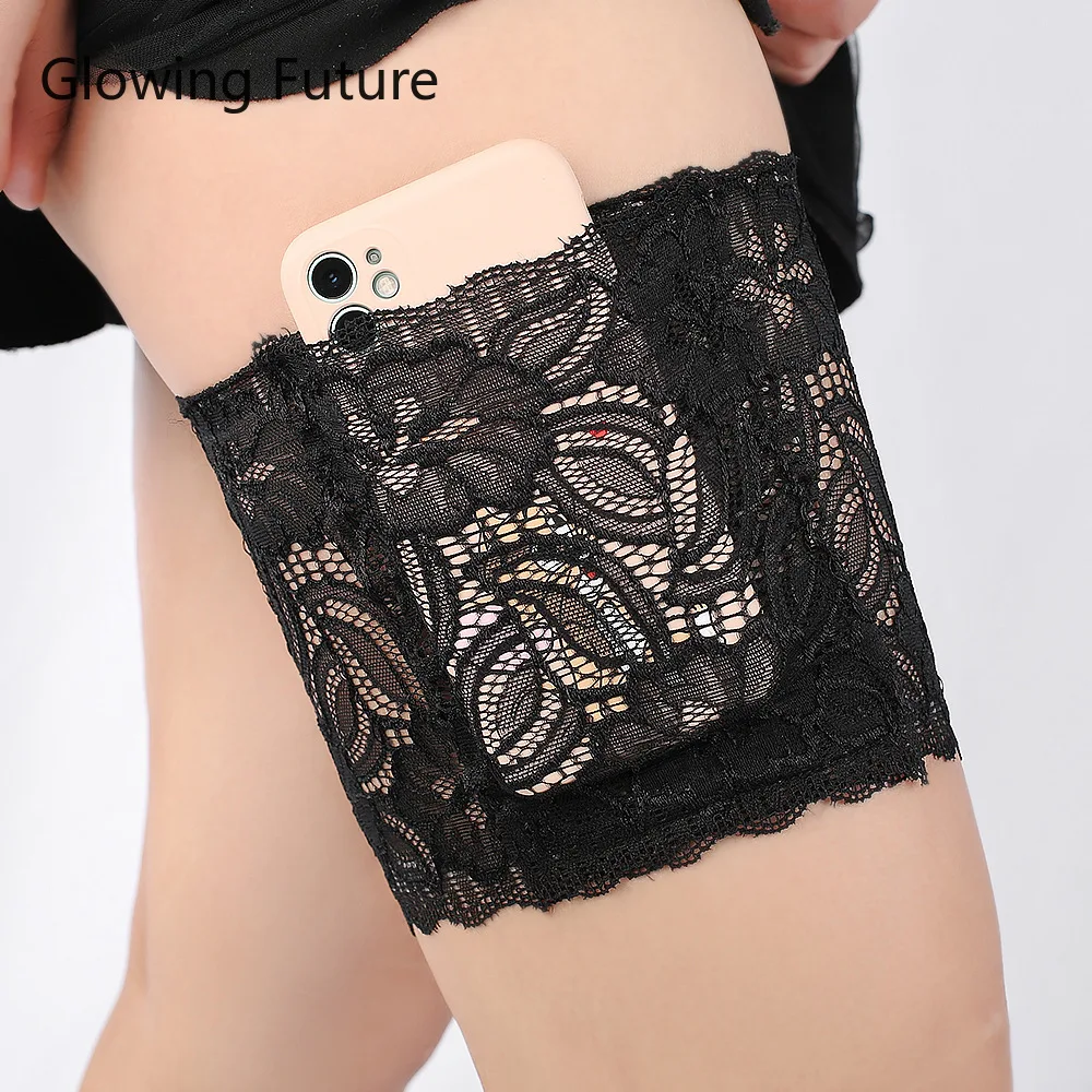 Glowing Future Sexy Lace Leg Warmer Socks Non-slip Silicone Mobile Phone Pocket Breathable Fashion Ladies Thigh Garter Socks