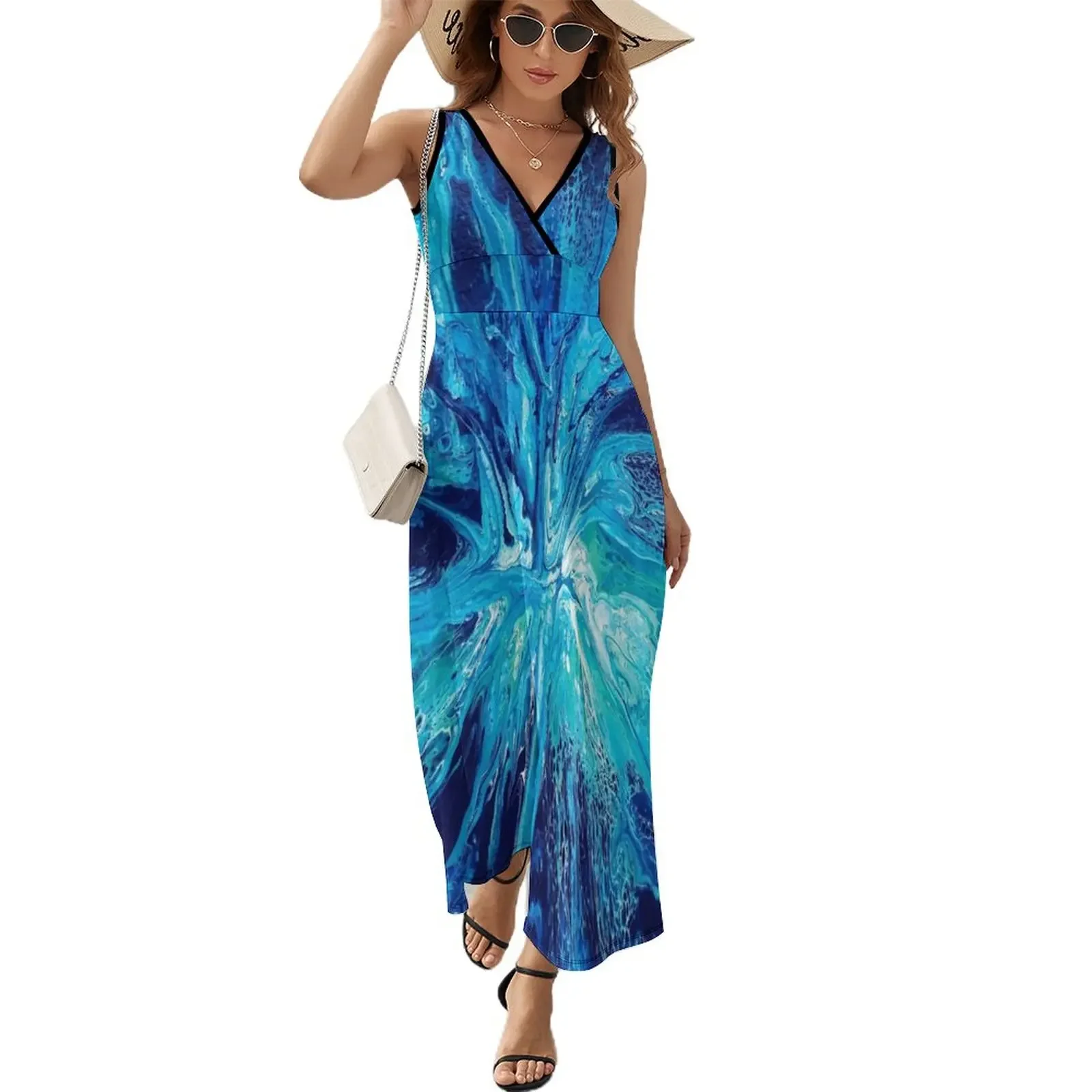 Blue Splash Acrylic Paint Pour Sleeveless Dress dress women summer Summer skirt dresses with long sleeves women clothes