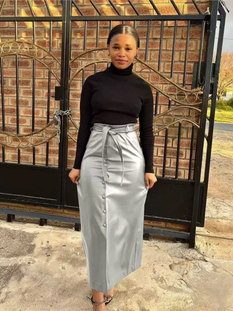 Temperament Commuter Women's Pu Leather Skirt Retro Solid Color Buckle Slit Hip Skirt 2026 Autumn And Winter Versatile New Style