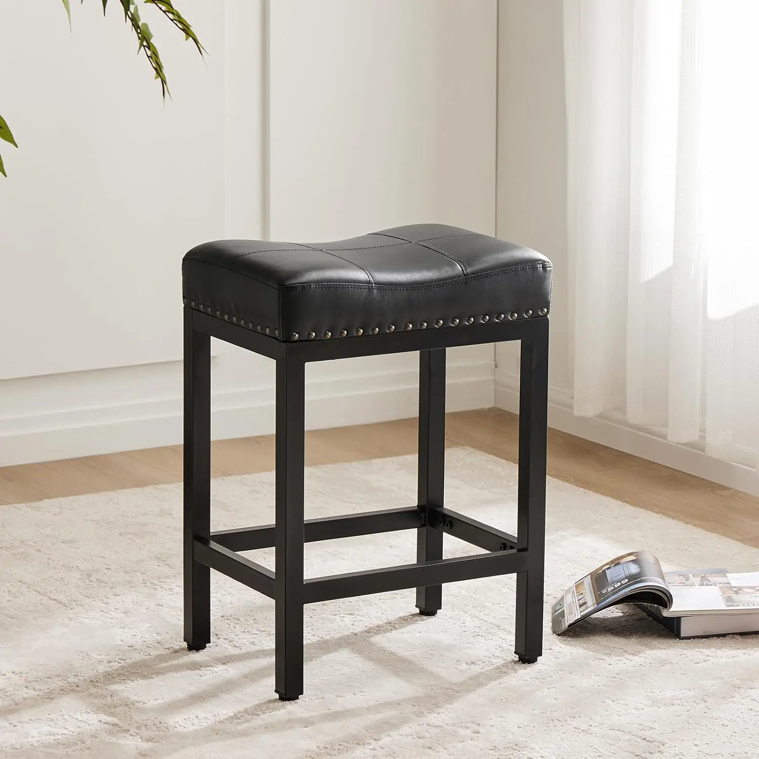 Saddle Bar Stools Set of 2, 24 Inch Counter Height Stools with Curved PU Leather Surface, 3.7" Thick Upholstery Bar Height