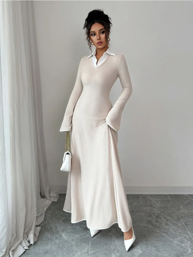 Onecozyday Damen-Wickelkleid mit Hemdkragen und langen Ärmeln, 2025, Herbst, neue Aprikose, figurbetonte Abendkleider, elegantes Partykleid