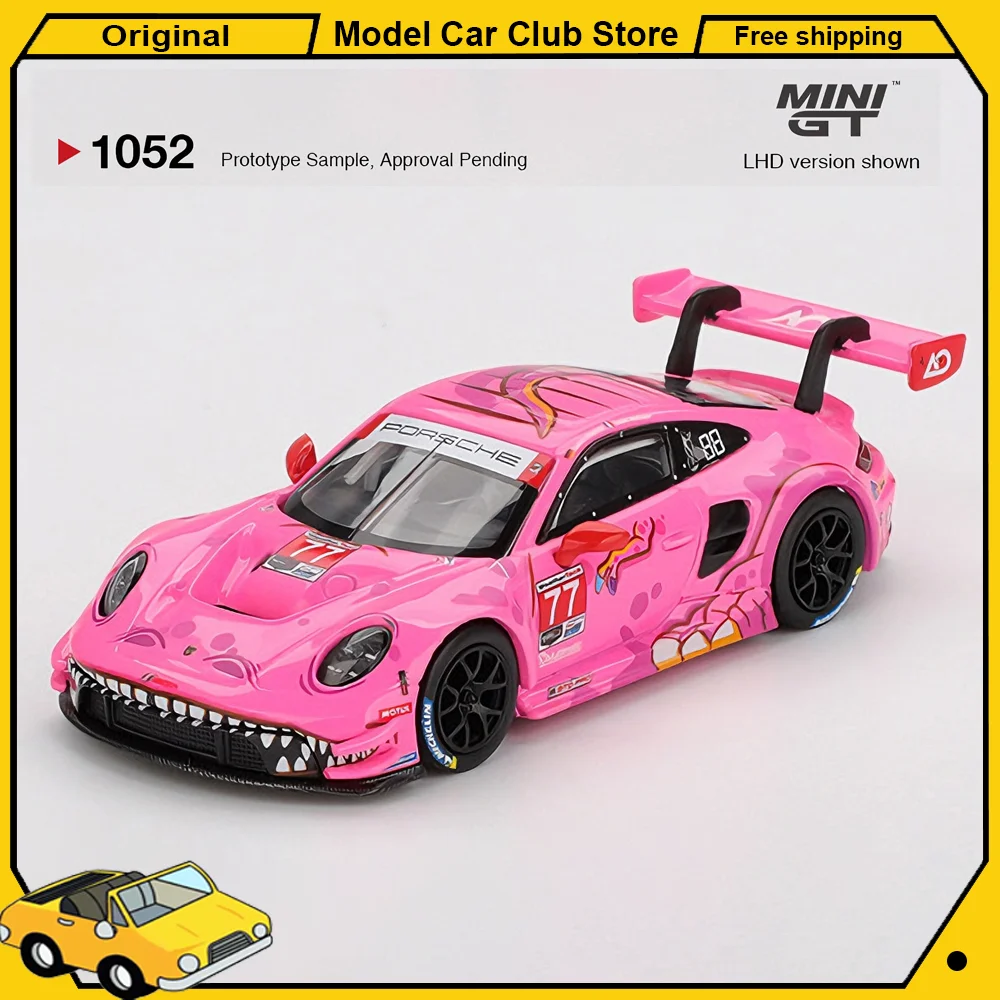 MINIGT 1:64 # 1052 Porsche 911 GT3 R Różowy Dinozaur RACING 2024 IMSA ROAD AMERICA Model Samochodu Wyścigowego ze Stopu Metalu, Miniaturowa Kolekcja, Zabawka