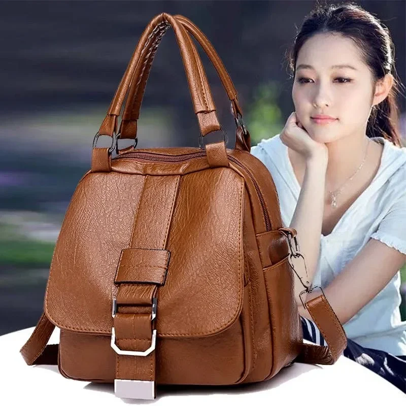 2024 New Fashion Soft Leather Boston Backpack Women Korean Edition 3-Purpose Crossbody Tote Bag Single-shoulder Package Handbag