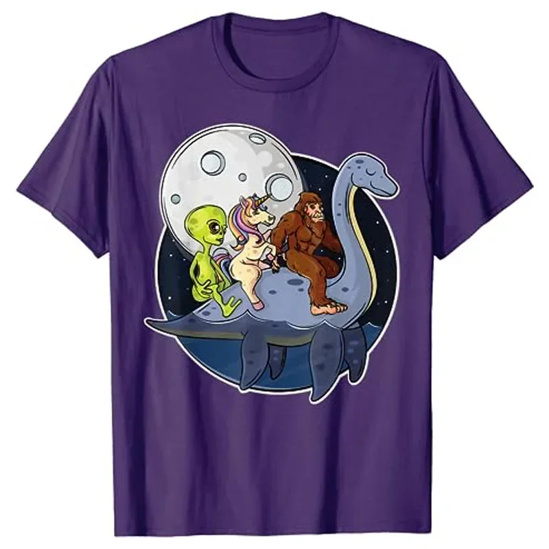 Bigfoot, Unicorn and Alien Riding Loch Ness Monster Together T-Shirt Humor Funny Aliens Ufo Hunter Graphic Tee Women Men Tops