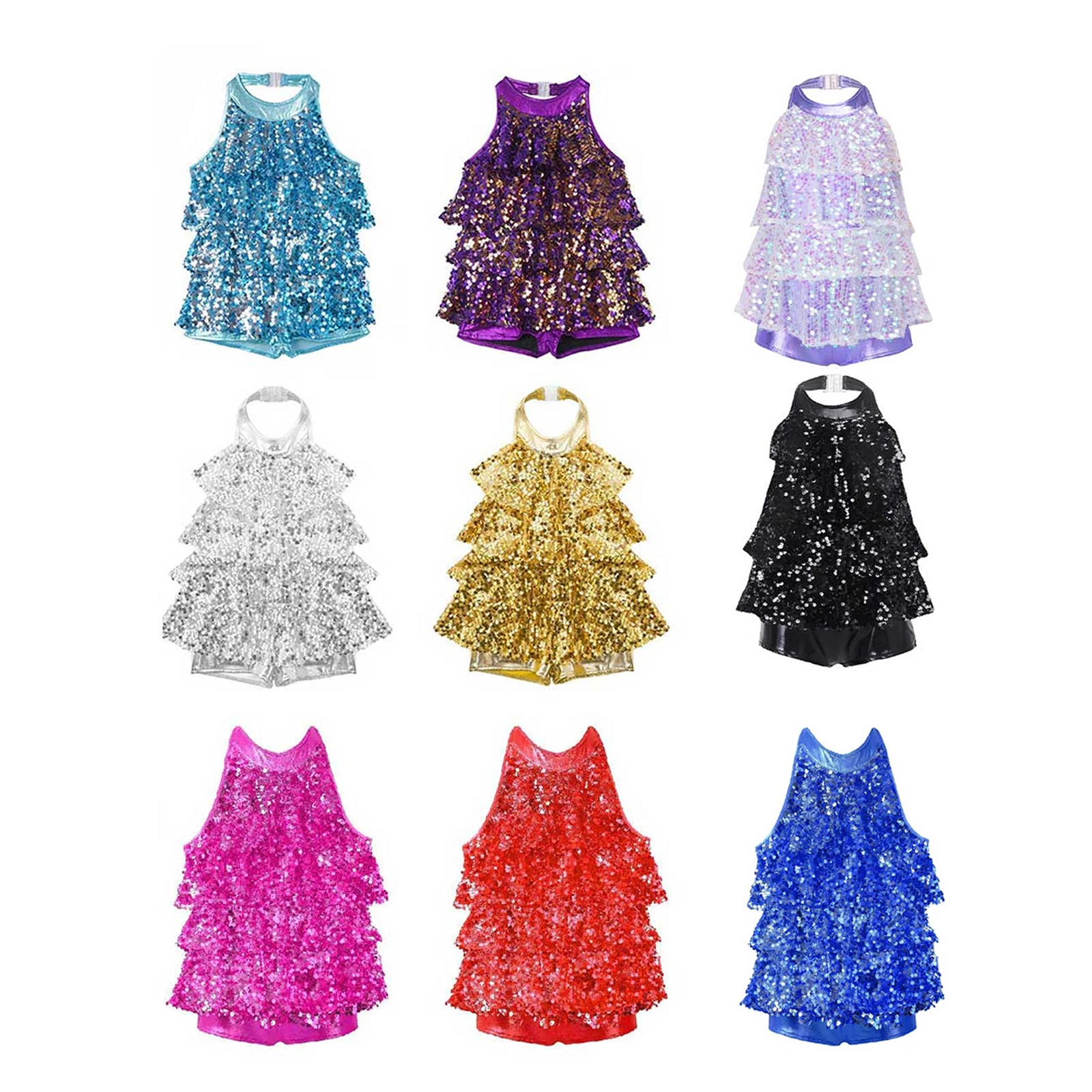 Toddler Girls Sleeveless Sequins Halter-Neck Jazz Latin Modern Dance Dress Samba Tango Ballet Stage Performance Costume