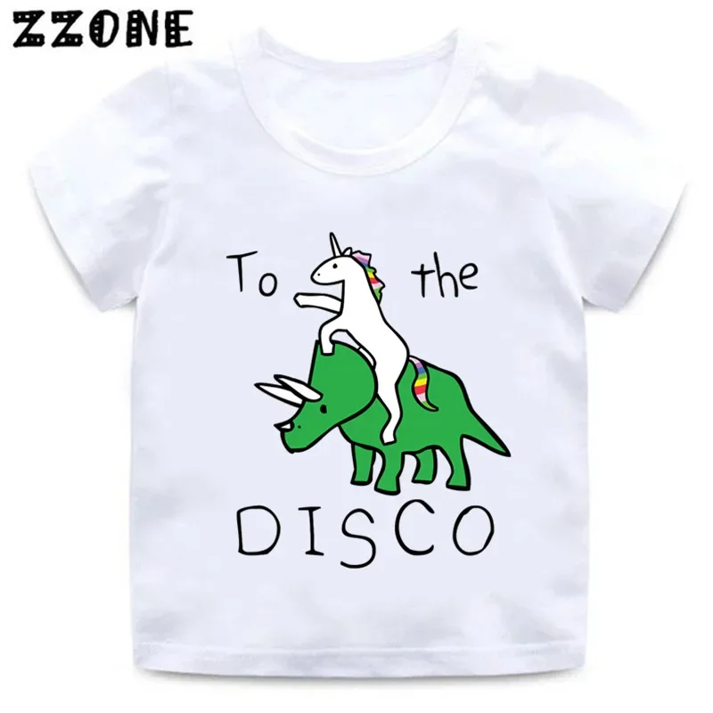 Unicorn Riding Triceratops Pattern Boys/Girls T shirt Kids To The Disco Design Funny Casual Clothes Baby Summer T-shirt,ooo5229