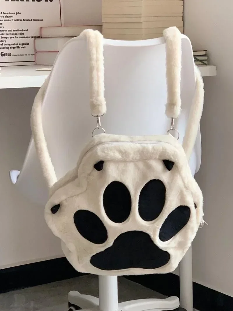 Sac à dos en peluche patte de chat mignon avec bretelles réglables, sac Kawaii avec fermeture éclair, sac JK pour filles, sac de dessin animé pour femmes