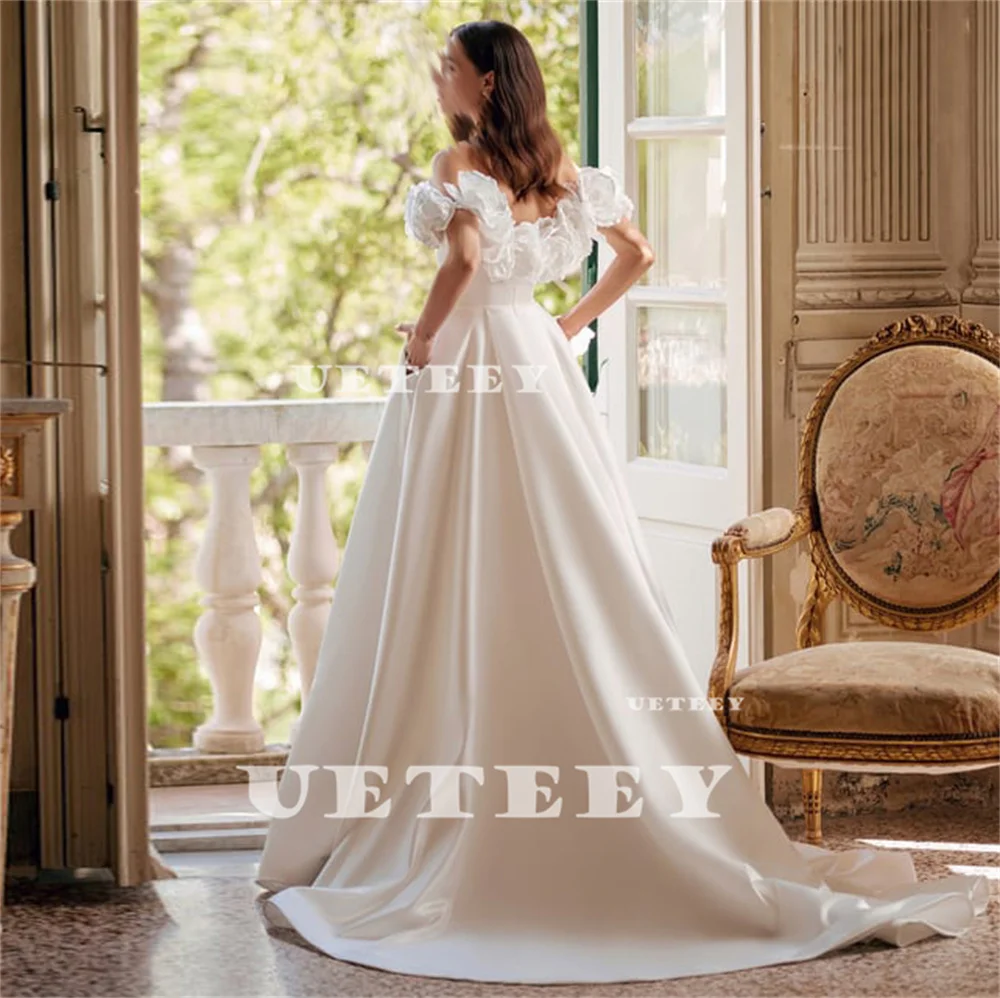 UETEEY Customized Flowers Off Shoulder Crepe A Line Wedding Dress Lace Up Back High Side Slit Court Train Bridal Gown