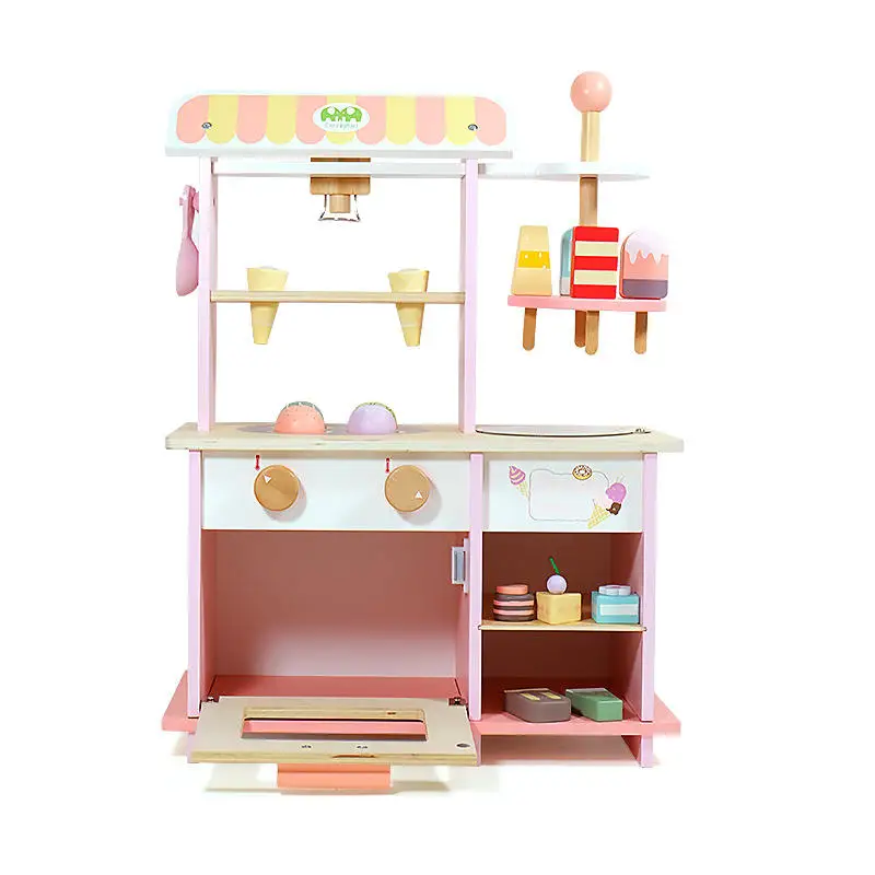 New Pretend Play Kitchen Ice Cream Cart Toys Wooden Simulation Food Wooden Ice Cream Sales Shop