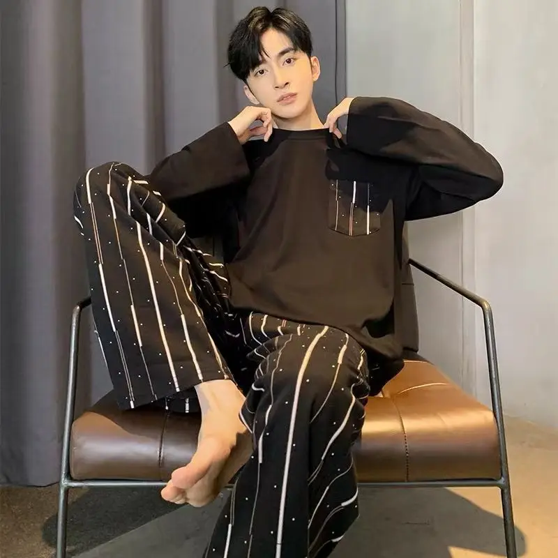 

Spring and Autumn New Men's Pajama Home Clothes Set Round Neck Hooded Breathable Loose Pajama Home Clothes Long Sleeve Set