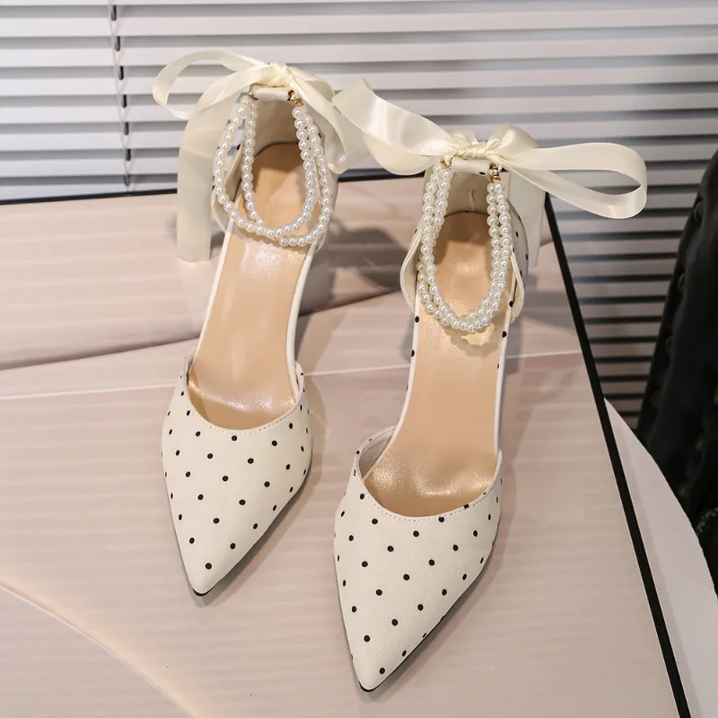 Spring Fashion French Polka Dot Women's Sandals Luxurious Beaded Designer High Heels New Comfortable Ribbon Stiletto Sandals